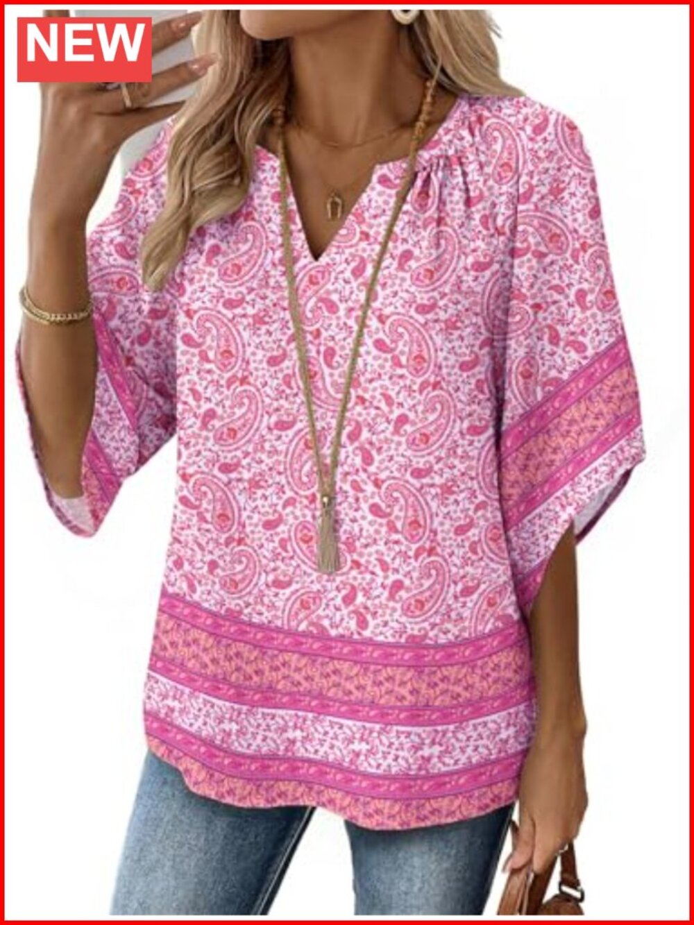 Zeagoo Womens 3/4 Sleeve V Neck Bohemian Peasant Tunic Blouse